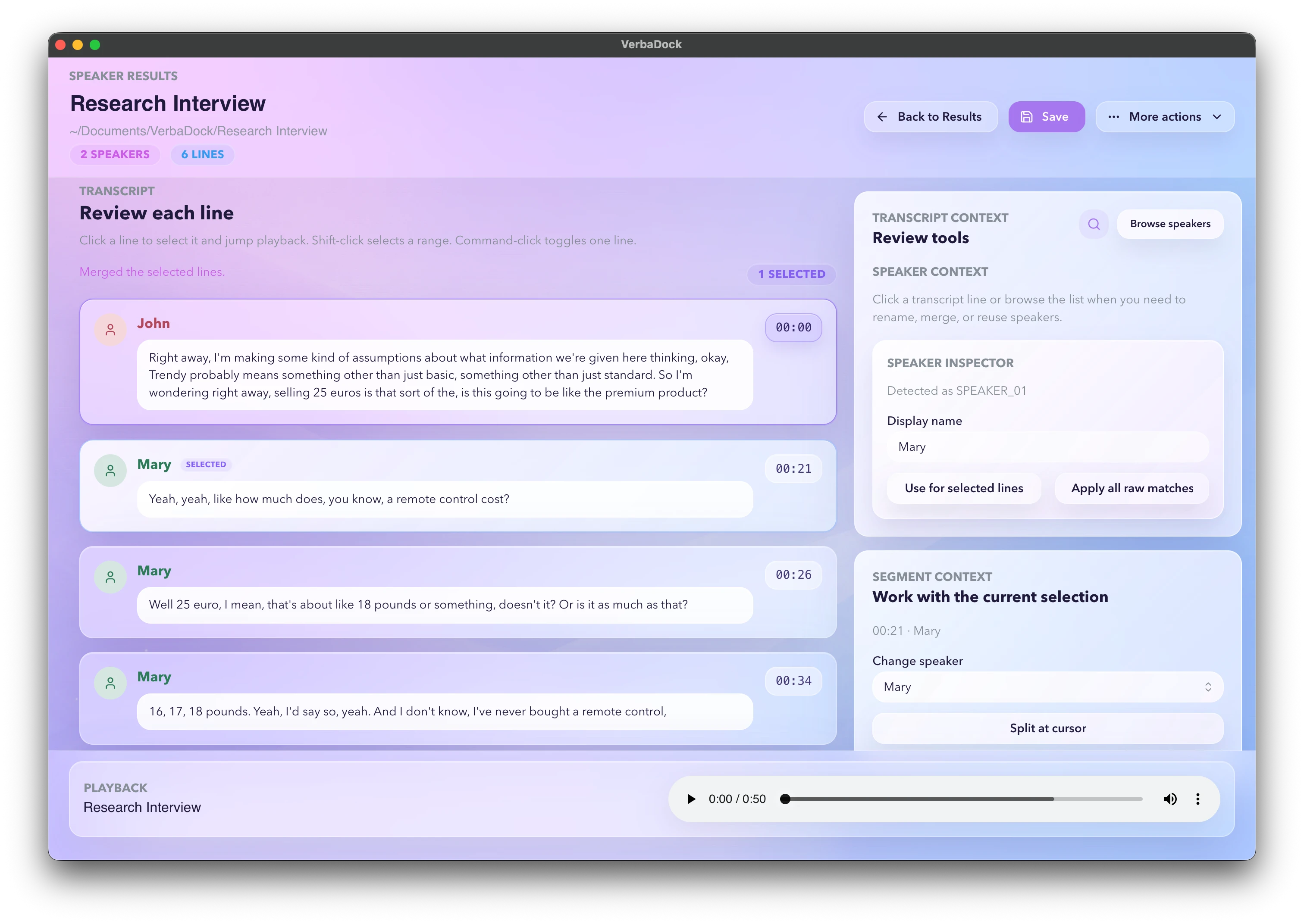 VerbaDock transcript review screen with named speakers, editable transcript lines, review tools, and audio playback controls.
